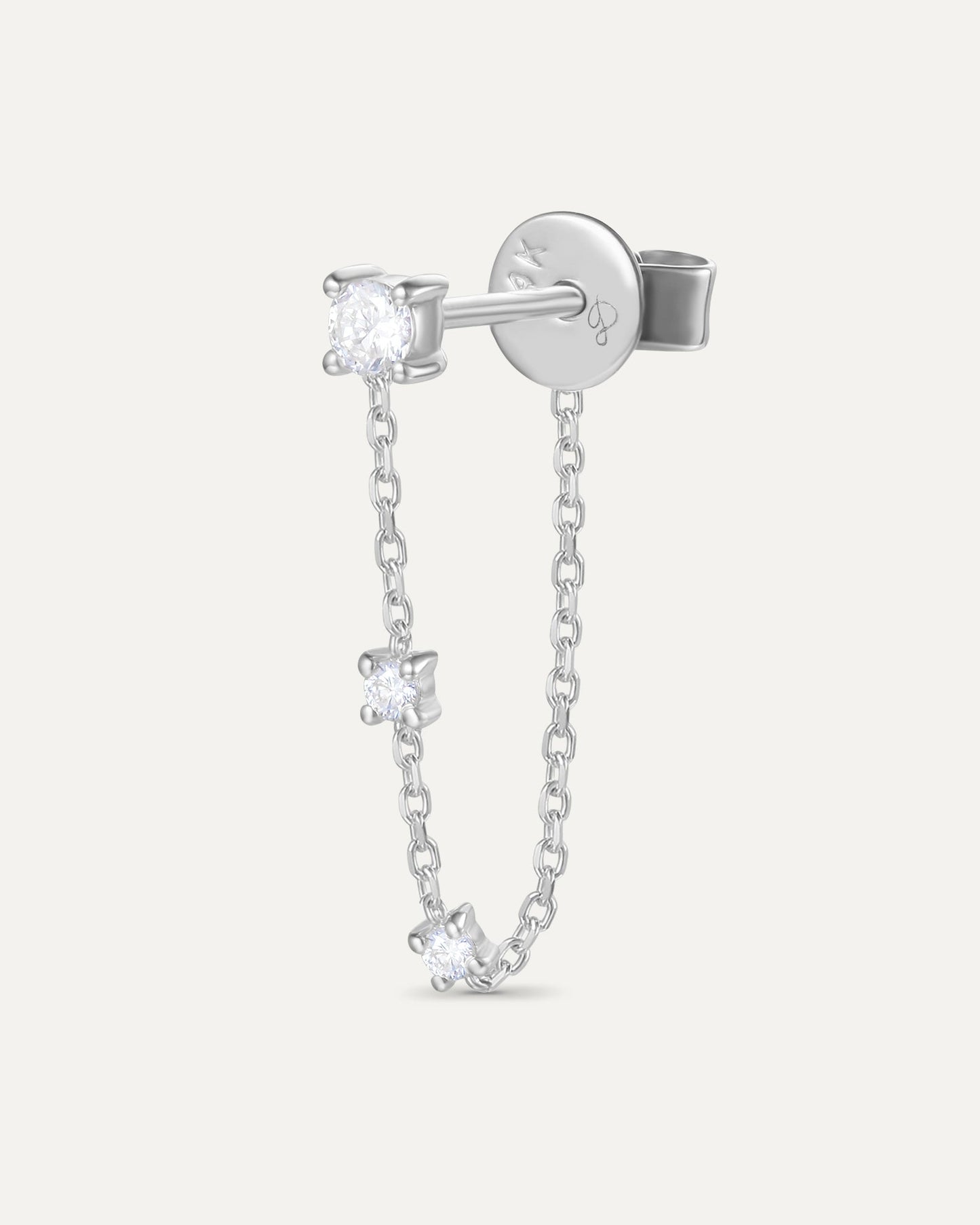 Boucle d'oreille chaine trois diamants en or blanc recyclé 14 carats et diamant de synthèse