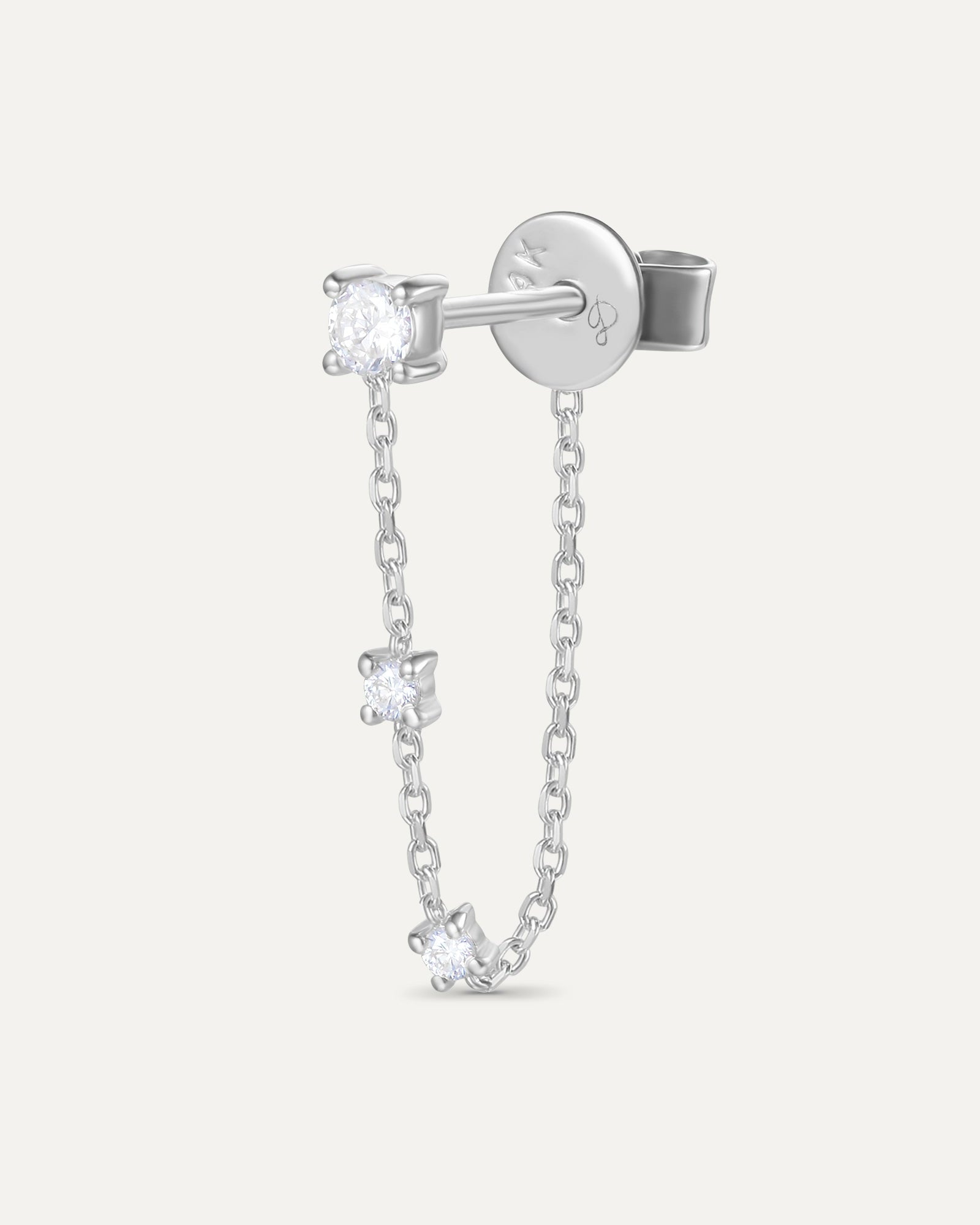 Boucle d'oreille chaine trois diamants en or blanc recyclé 14 carats et diamant de synthèse