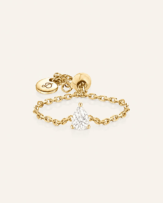 Bague chaîne LA POIRE Intime — or jaune massif 14 carats diamant synthèse taille poire 0,15 ct D–E VS+ DYAMKA
