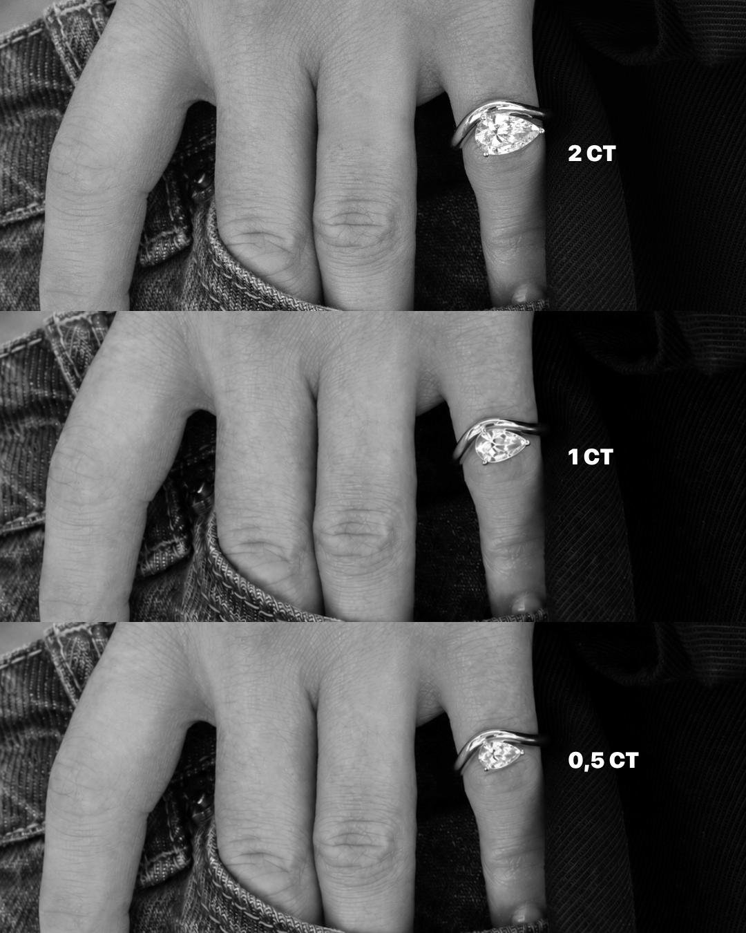 Comparatif Bague LA POIRE Dune — or jaune massif 14 carats anneau sculpté diamant synthèse taille poire D VS+ DYAMKA