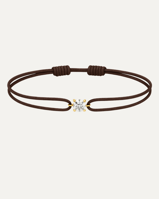 Bracelet cordon marron diamant 0,15 carat en or massif jaune, ajustable D–E VS+