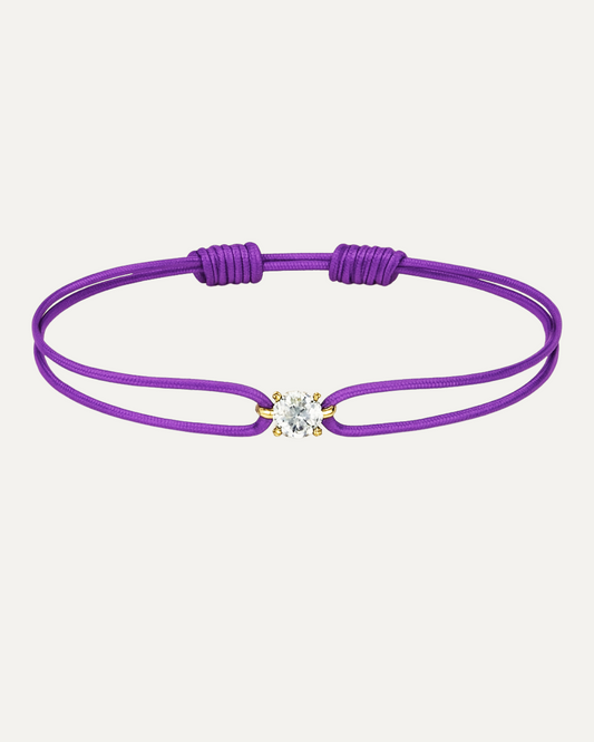 Bracelet cordon violet diamant 0,15 carat en or massif jaune, ajustable D–E VS+