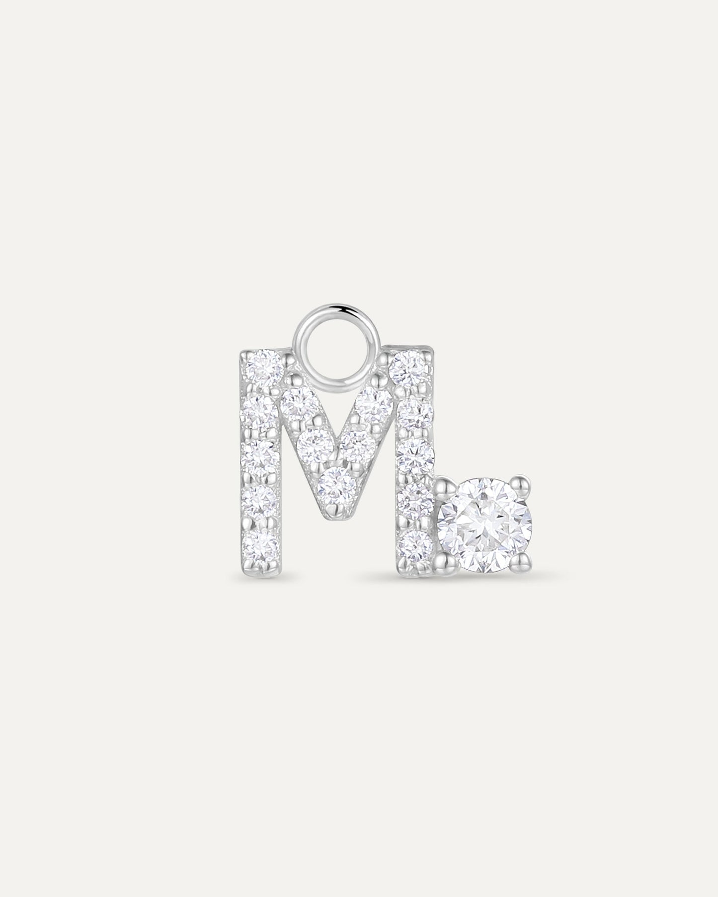 Charm lettre M en or massif 375 blanc, pendentif initiale femme