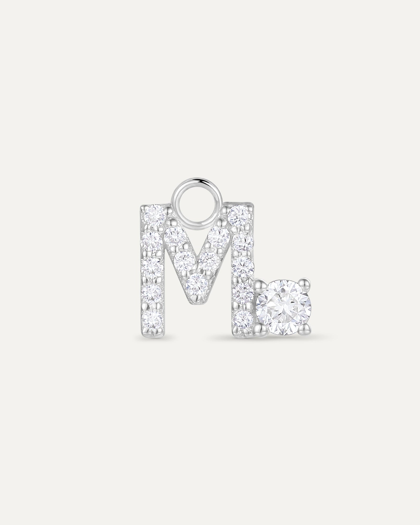 Charm lettre M en or massif 375 blanc, pendentif initiale femme