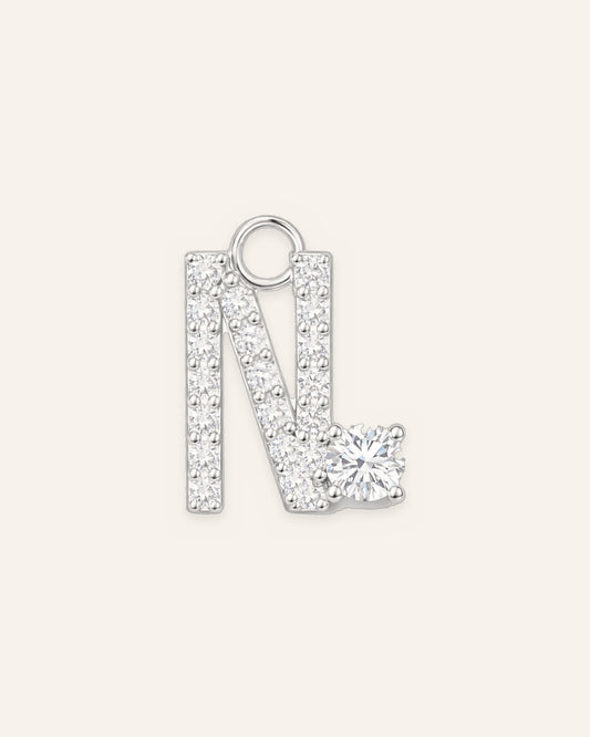 Charm lettre N en or massif 14 carats 585 blanc, pendentif initiale alphabet