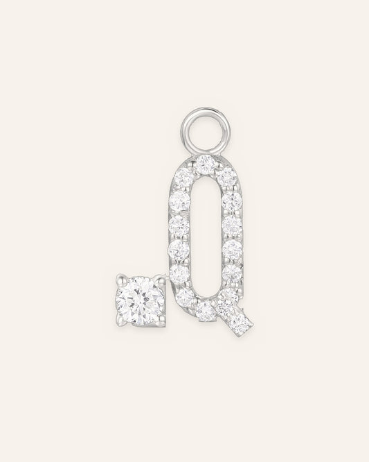 Charm lettre Q en or massif 14 carats 585 blanc, pendentif initiale alphabet