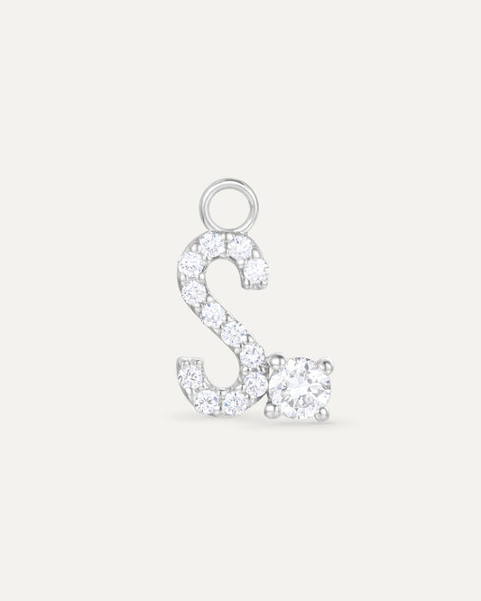 Charm lettre S en or massif 375 blanc, pendentif initiale femme