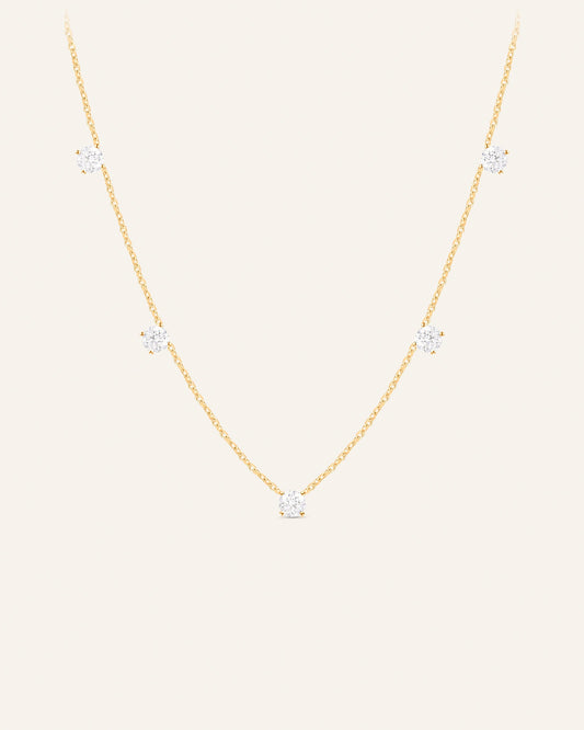 Collier 5 diamants en or massif 14 carats 585 jaune, bijou minimaliste femme