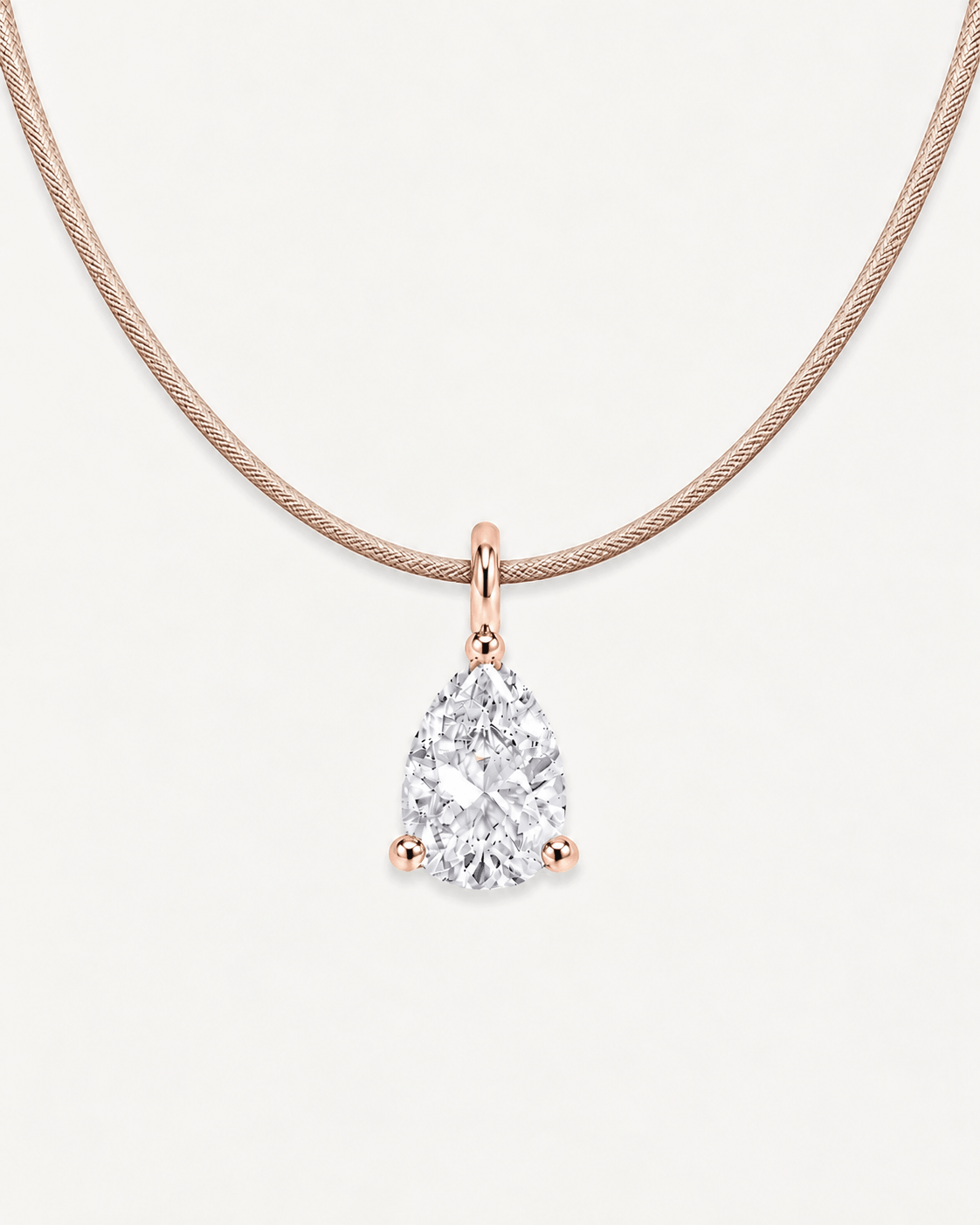 Détail Collier cordon beige LA POIRE Signature — or rose massif 14 carats diamant synthèse taille poire 0,50 ct D–E VS+ DYAMKA