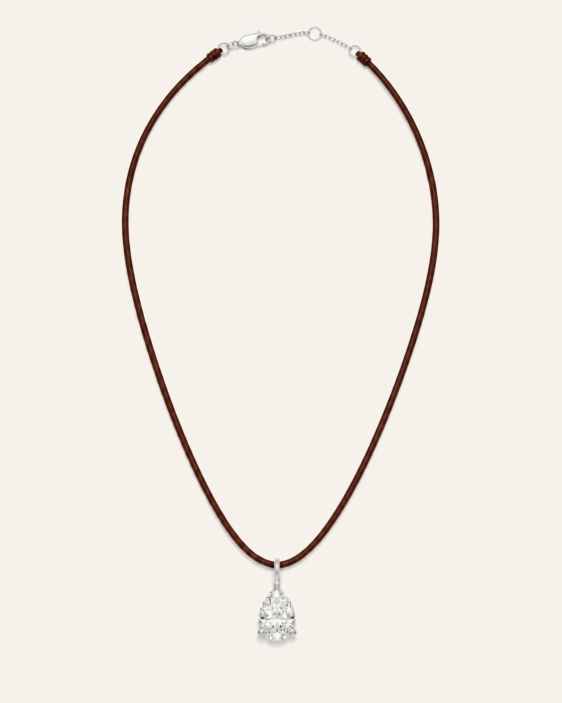 Collier cuir marron LA POIRE Signature — or blanc massif 14 carats, diamant de synthèse taille poire D–E VS+ DYAMKA