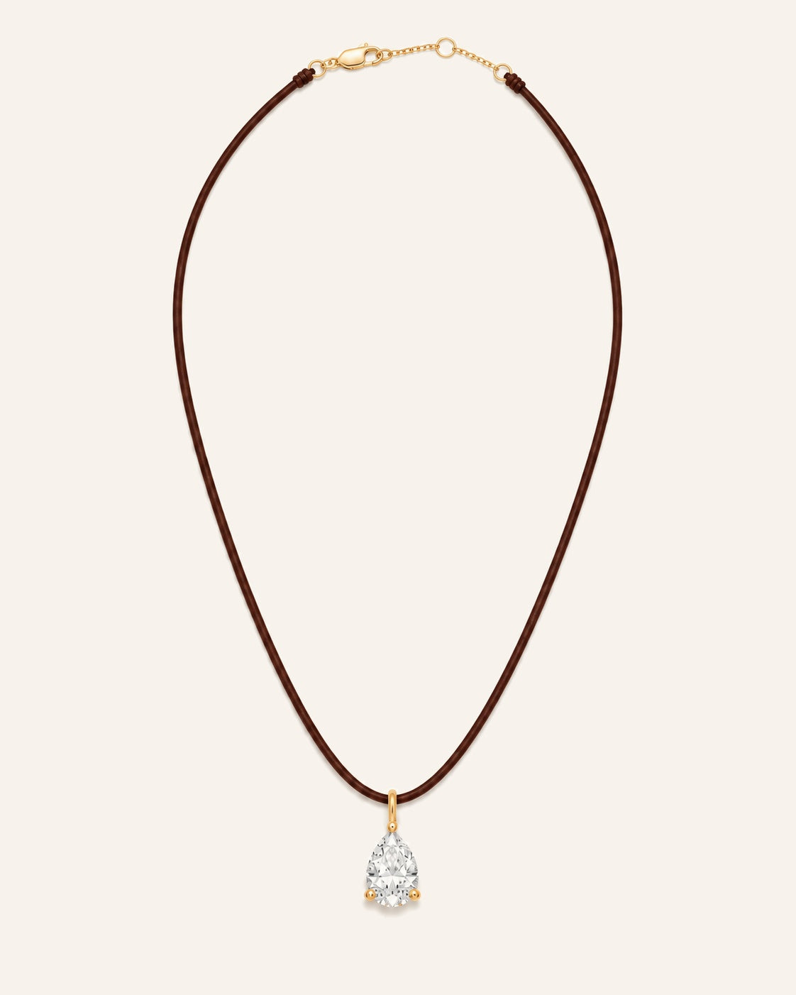 Collier cuir marron LA POIRE Signature — or jaune massif 14 carats, diamant de synthèse taille poire D–E VS+ DYAMKA