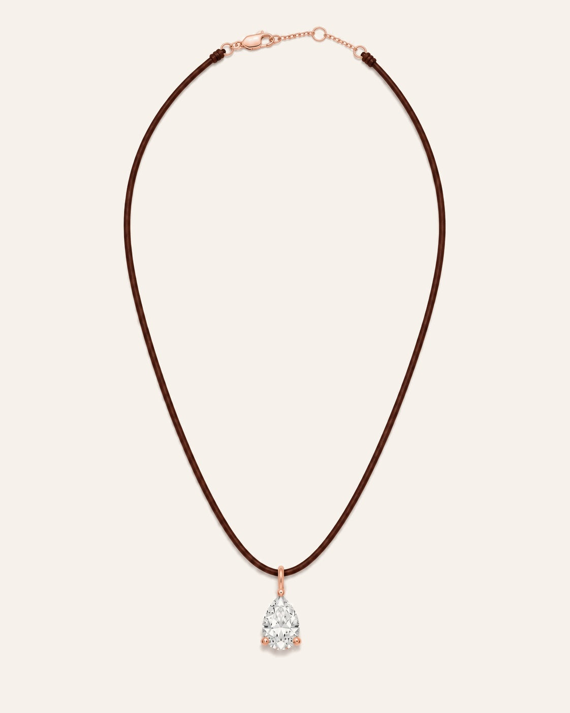 Collier cuir marron LA POIRE Signature — or rose massif 14 carats, diamant de synthèse taille poire D–E VS+ DYAMKA
