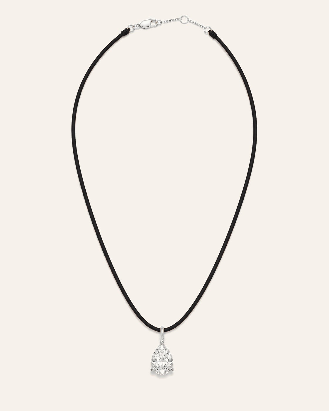 Collier cuir noir LA POIRE Signature — or blanc massif 14 carats, diamant de synthèse taille poire D–E VS+ DYAMKA