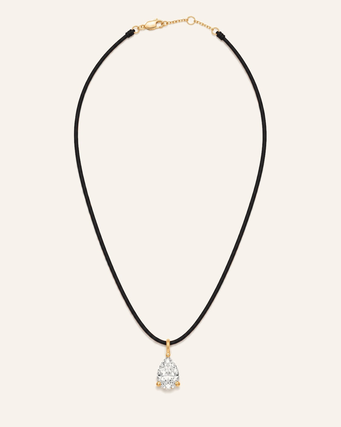 Collier cuir noir LA POIRE Signature — or jaune massif 14 carats, diamant de synthèse taille poire D–E VS+ DYAMKA