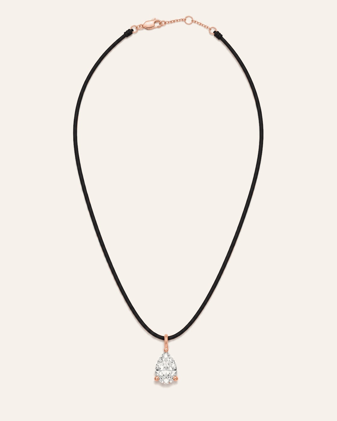 Collier cuir noir LA POIRE Signature — or rose massif 14 carats, diamant de synthèse taille poire D–E VS+ DYAMKA