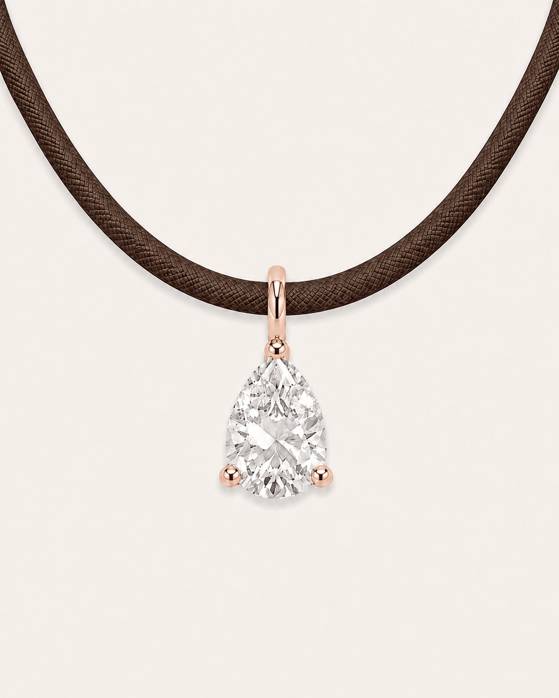 Détail Collier cordon marron LA POIRE Signature — or rose massif 14 carats diamant synthèse taille poire 0,50 ct D–E VS+ DYAMKA