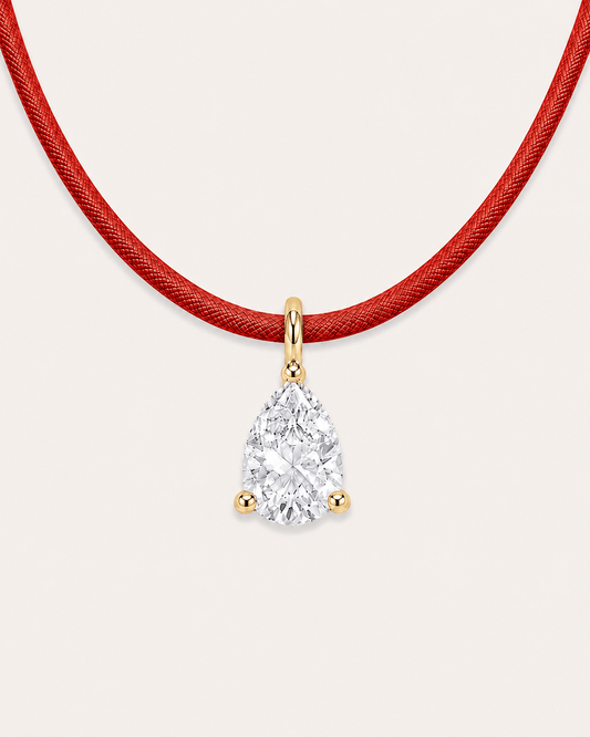 Détail Collier cordon rouge LA POIRE Signature — or jaune massif 14 carats diamant synthèse taille poire 0,50 ct D–E VS+ DYAMKA