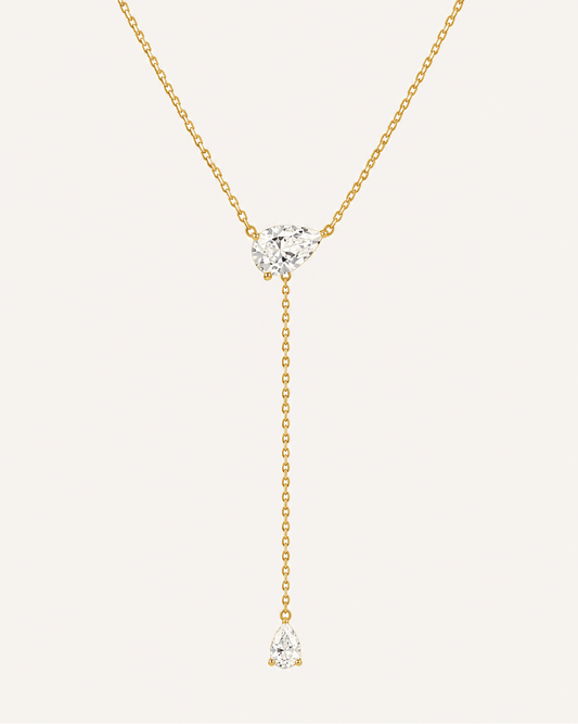 Collier cravate LA POIRE Allure — or jaune massif 14 carats deux diamants synthèse taille poire D–E VS+ DYAMKA